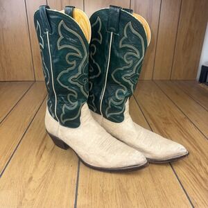 Nocona Cowboy Boots Size 10.5D Western Green Beige Leather Design